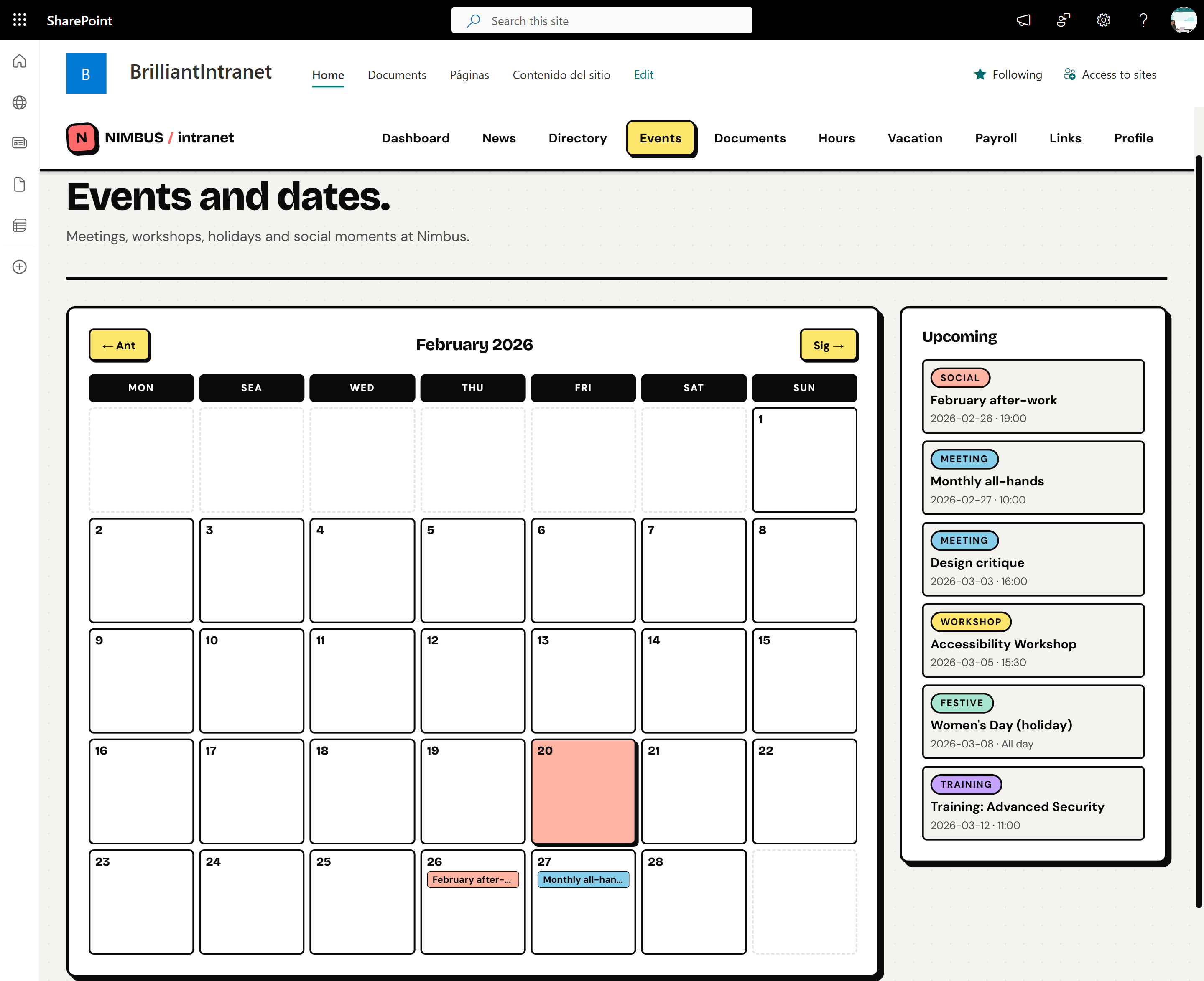 Corporate events module in SharePoint