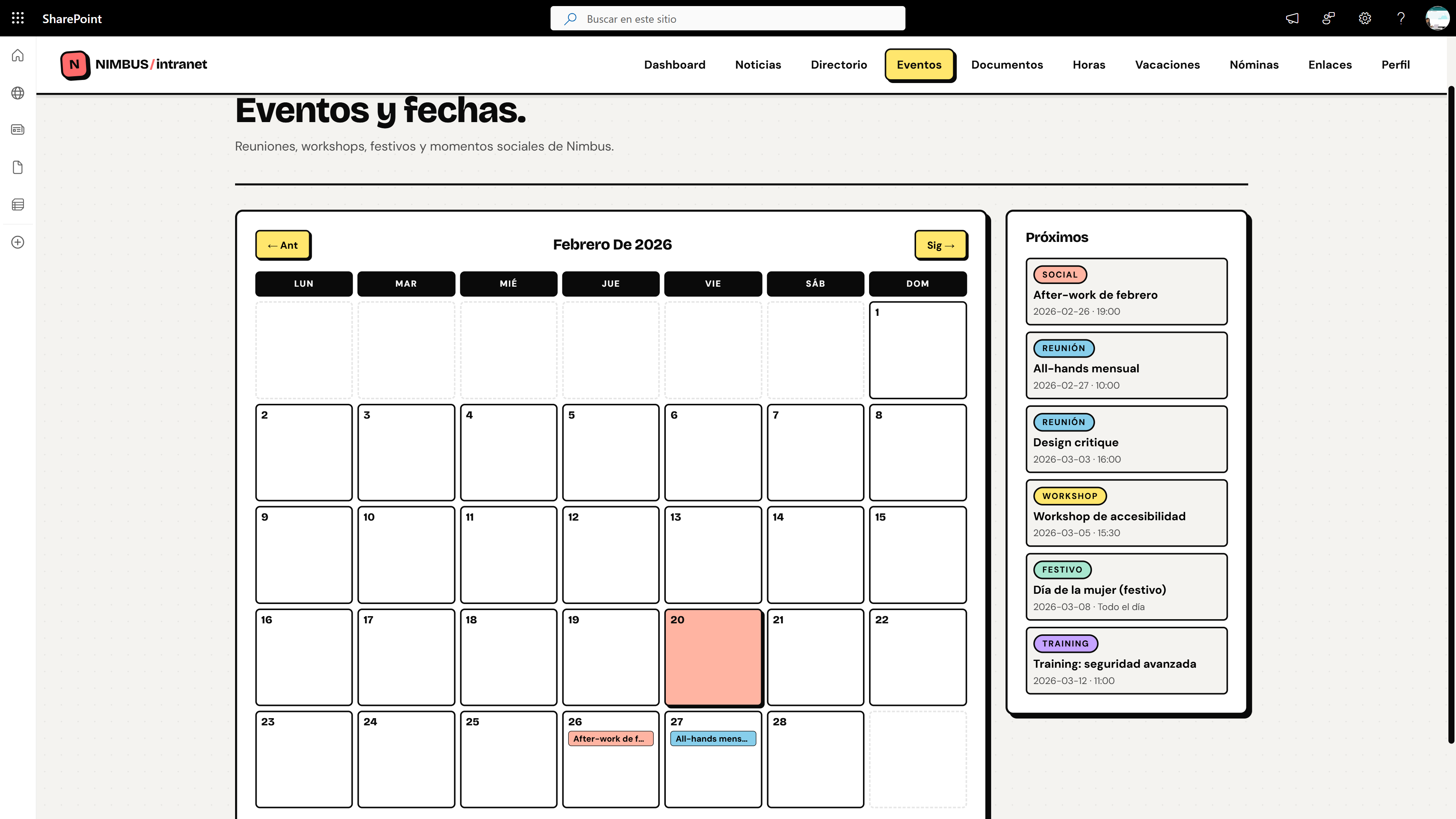 Módulo de eventos corporativos en SharePoint