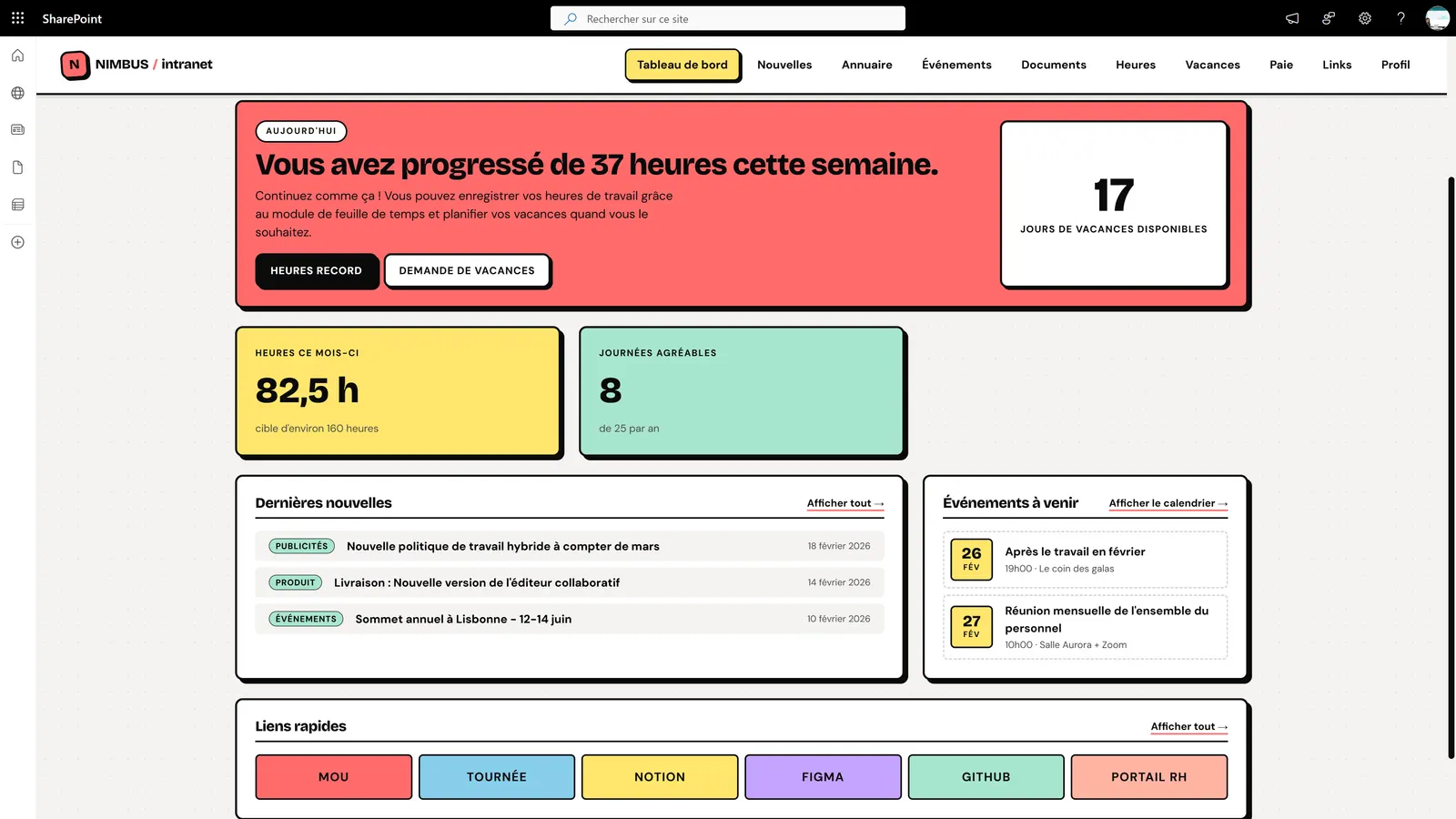 Intranet SharePoint personnalisé — page d'accueil