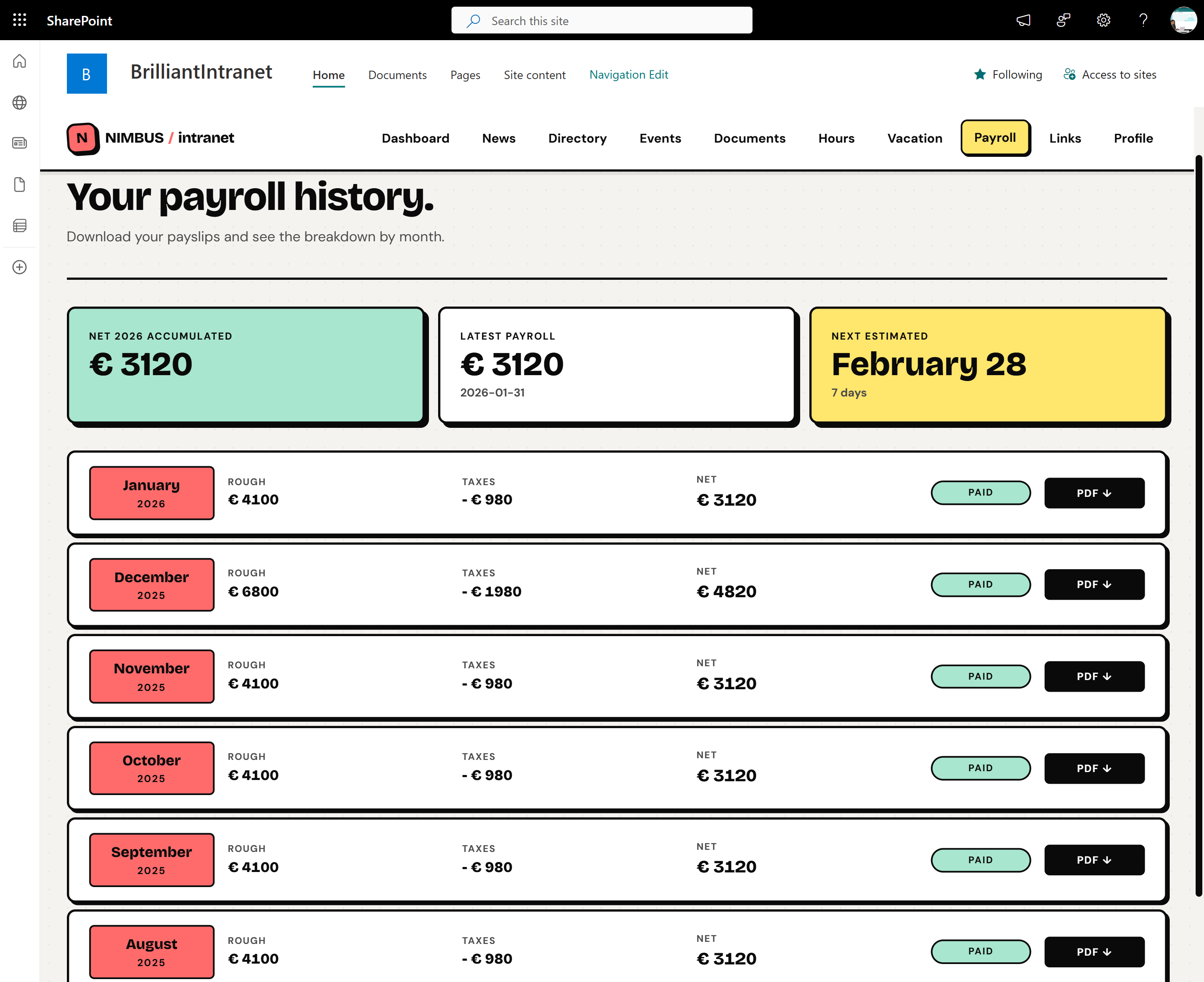 Payroll module in SharePoint intranet