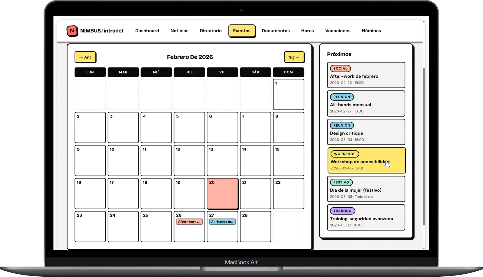 Module d'événements et calendrier de l'intranet SharePoint sur ordinateur
