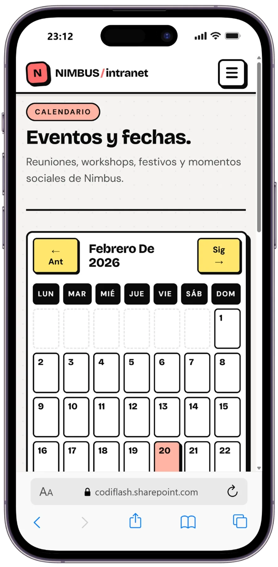 Calendrier des événements de l'intranet SharePoint sur mobile